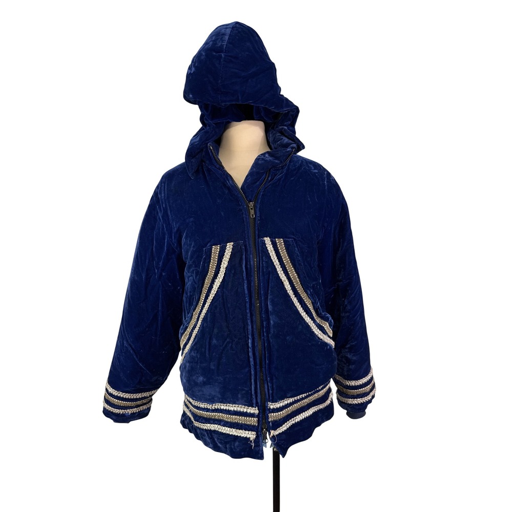 Vintage Royal Blue Velvet Puffer Jacket Hood Metallic Silver Trim, Parka, Medium